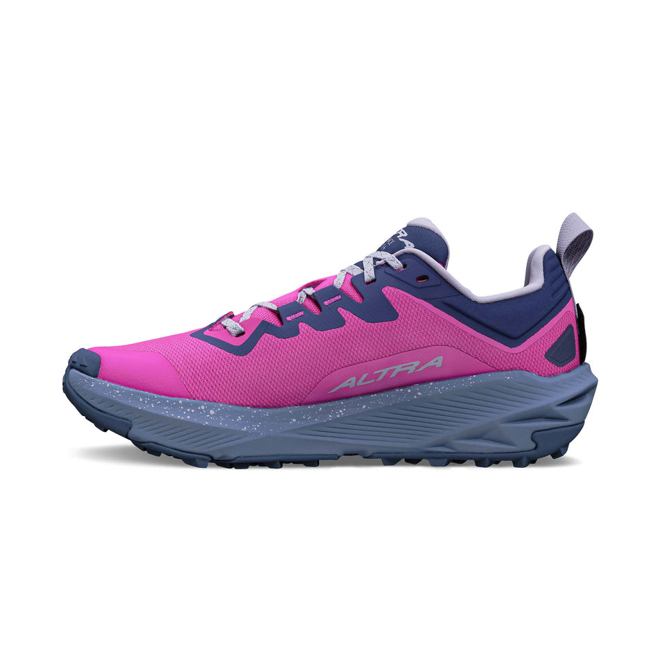 Medial view of the right shoe from a pair of Altra Women's Experience Wild 3+ Running Shoes in the Magenta colourway.