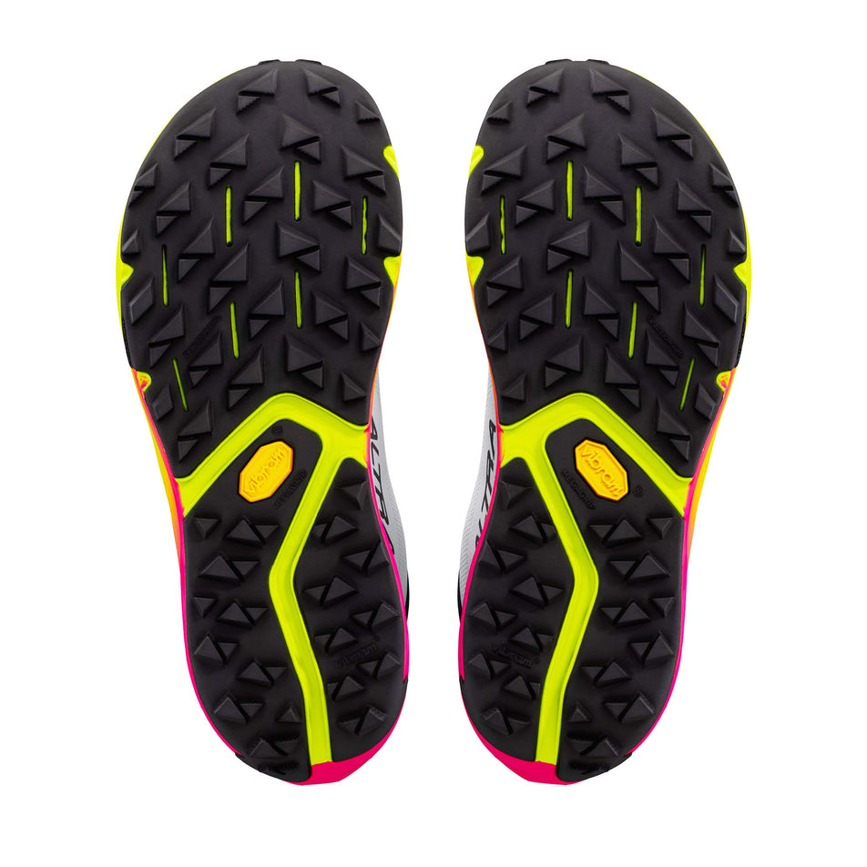 The outsoles of a pair of Altra Women's Experience Wild 3+ Running Shoes in the Ice/Black/Safety Yellow colourway.
