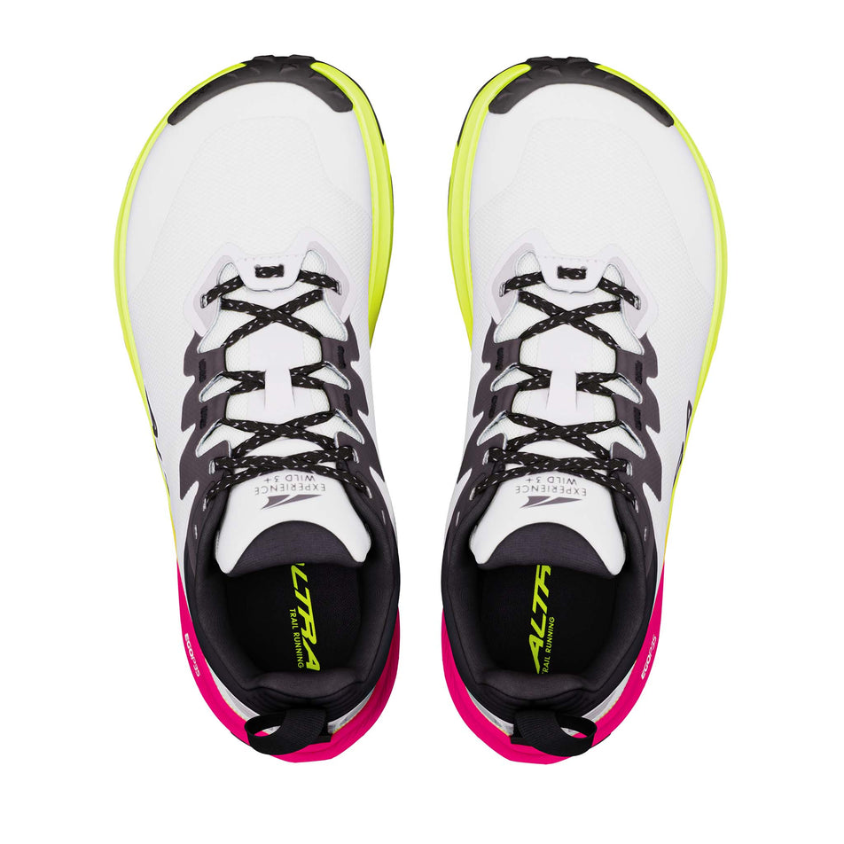 The uppers of a pair of Altra Women's Experience Wild 3+ Running Shoes in the Ice/Black/Safety Yellow colourway.