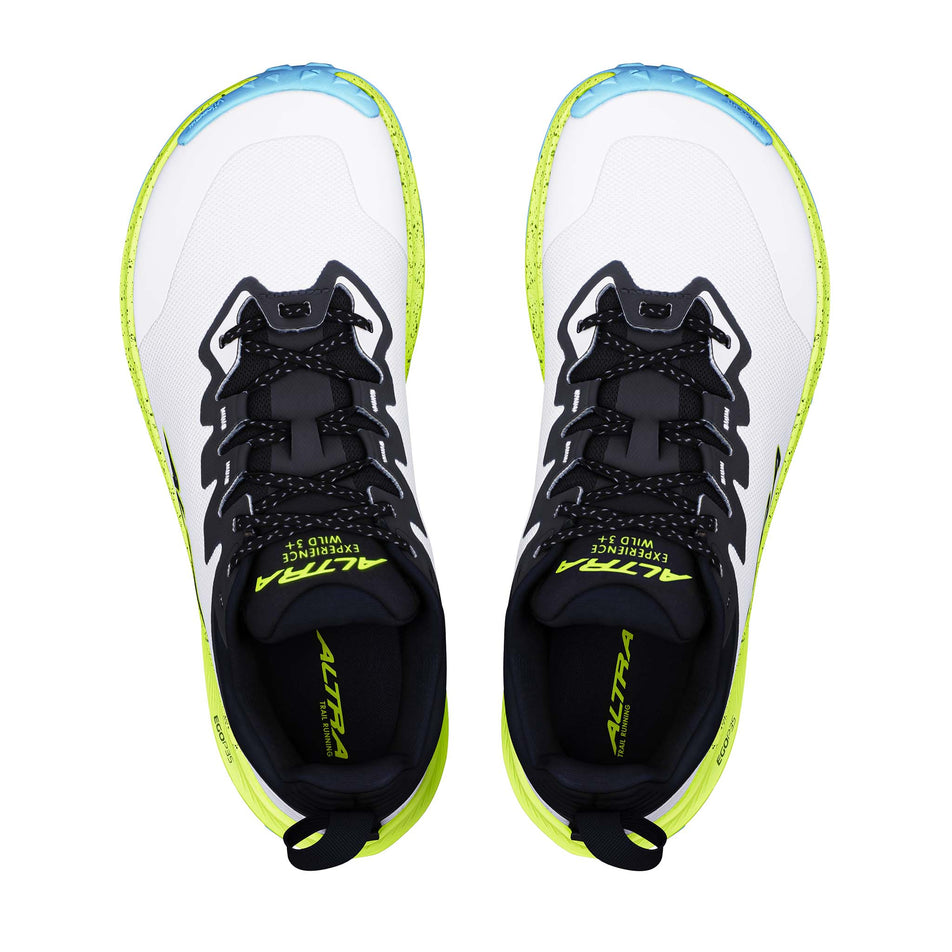 The uppers of a pair of Altra Men's Experience Wild 3+ Running Shoes in the White/Lime colourway.