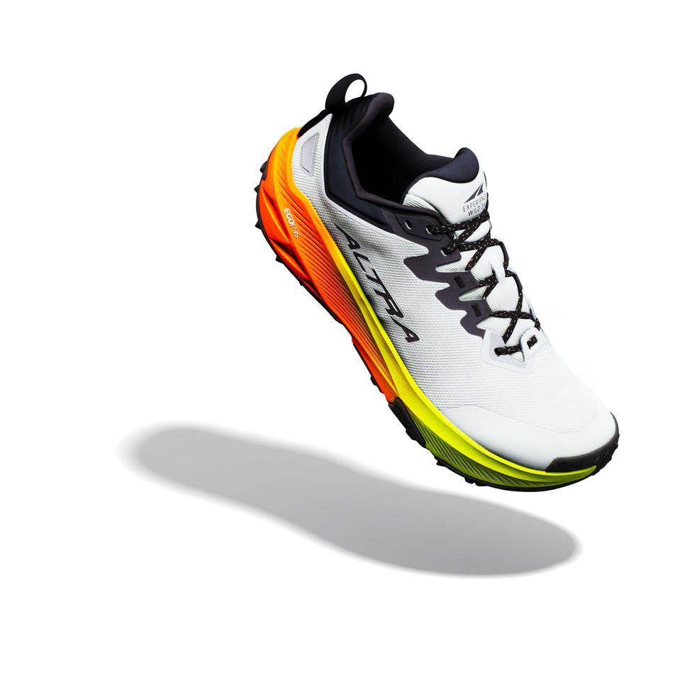 The right shoe from a pair of Altra Men's Experience Wild 3+ Running Shoes in the Ice/Black/Safety Yellow colourway.