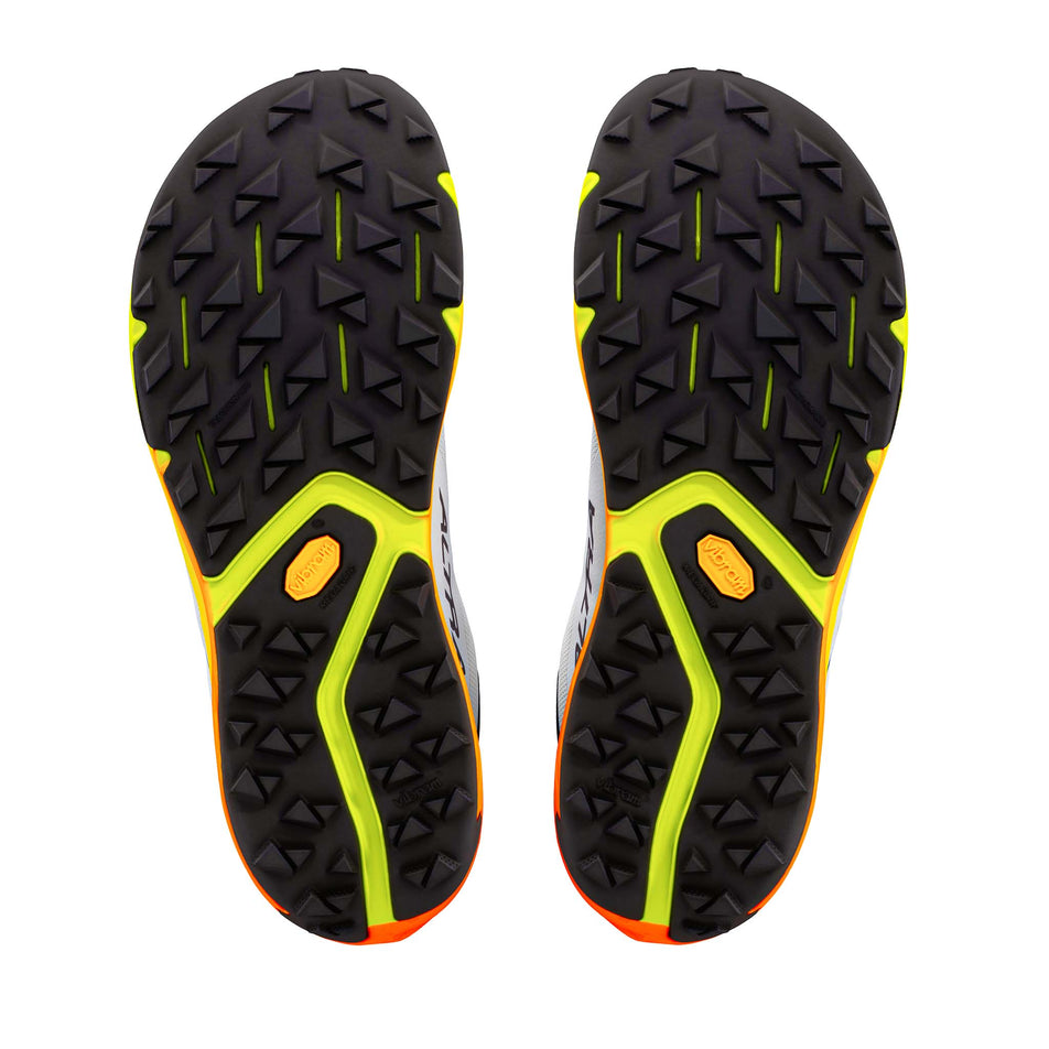 The outsoles of a pair of Altra Men's Experience Wild 3+ Running Shoes in the Ice/Black/Safety Yellow colourway.