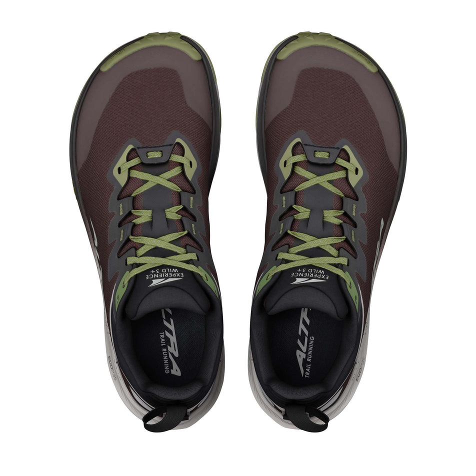 The uppers of a pair of Altra Men's Experience Wild 3+ Running Shoes in the Chocolate Torte/Flint Grey colourway.