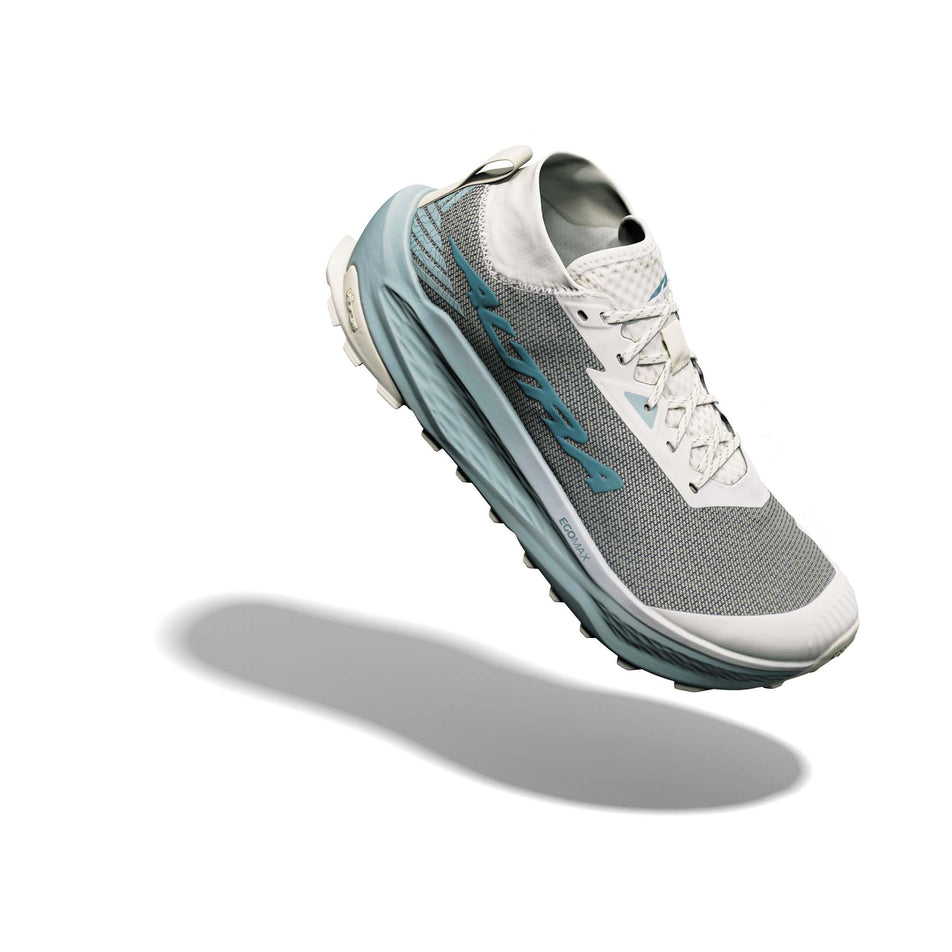 The right shoe from a pair of Altra Men's Olympus 275 HILO Trail Running Shoes in the Ultra Grey/Sea Pine/Green Mileu colourway.