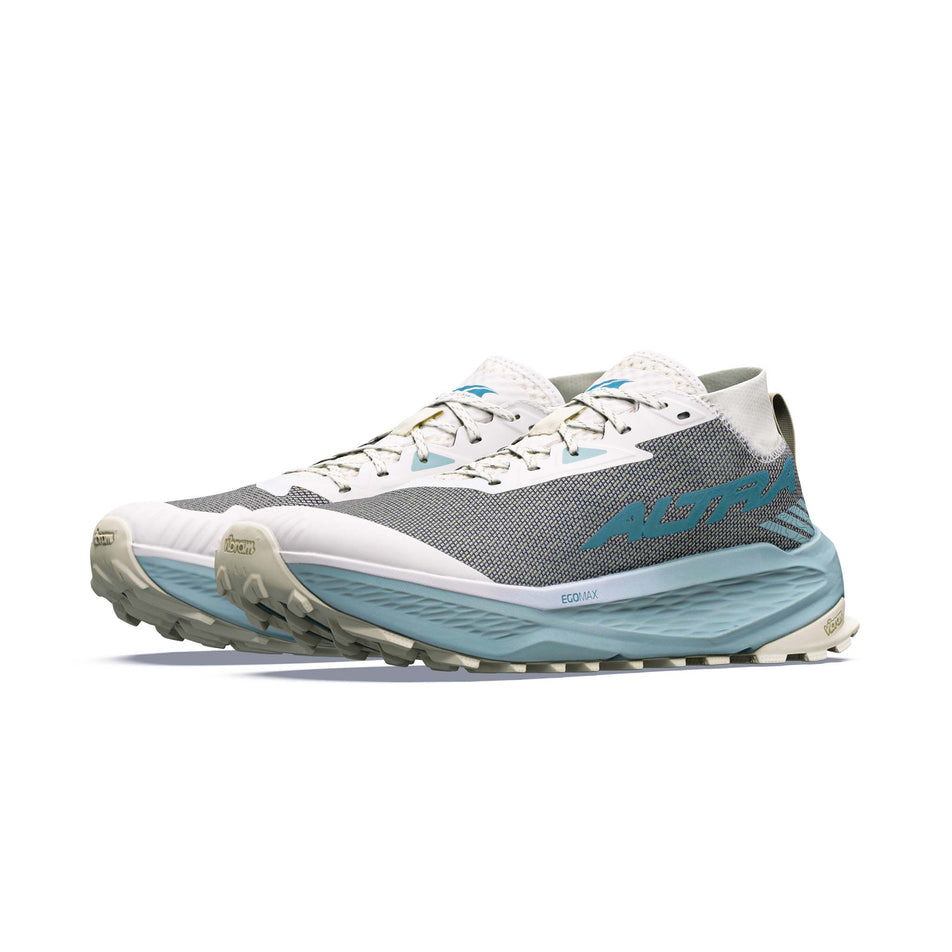 A pair of Altra Men's Olympus 275 HILO Trail Running Shoes in the Ultra Grey/Sea Pine/Green Mileu colourway.