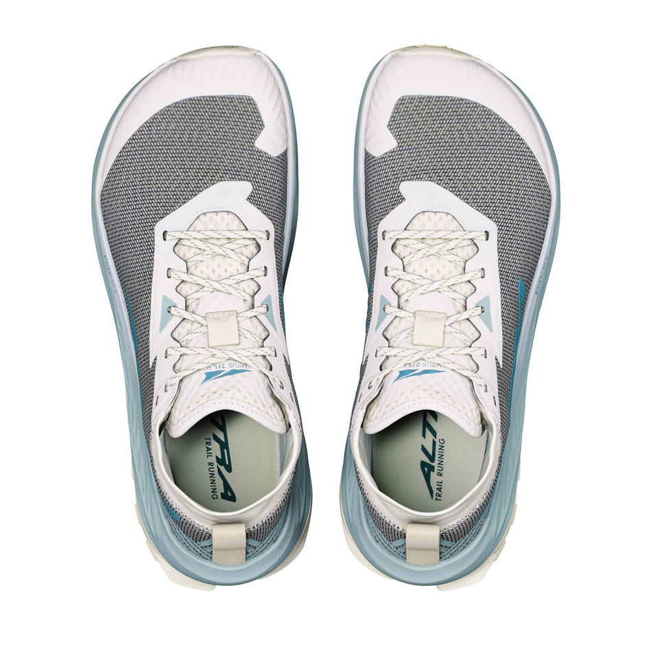 The uppers of a pair of Altra Men's Olympus 275 HILO Trail Running Shoes in the Ultra Grey/Sea Pine/Green Mileu colourway.