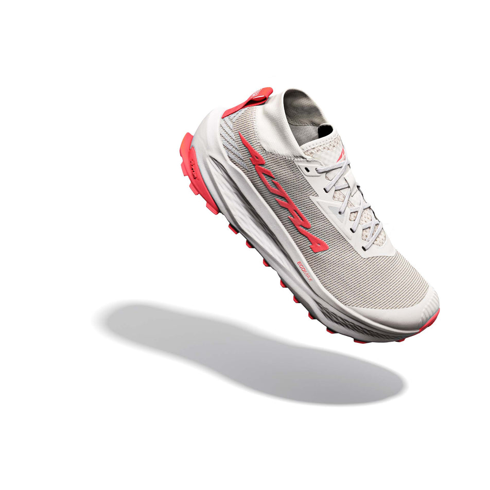 The right shoe from a pair of Altra Women's Olympus 275 HILO Running Shoes in the Vaporous Gray/Fiery Coral colourway.