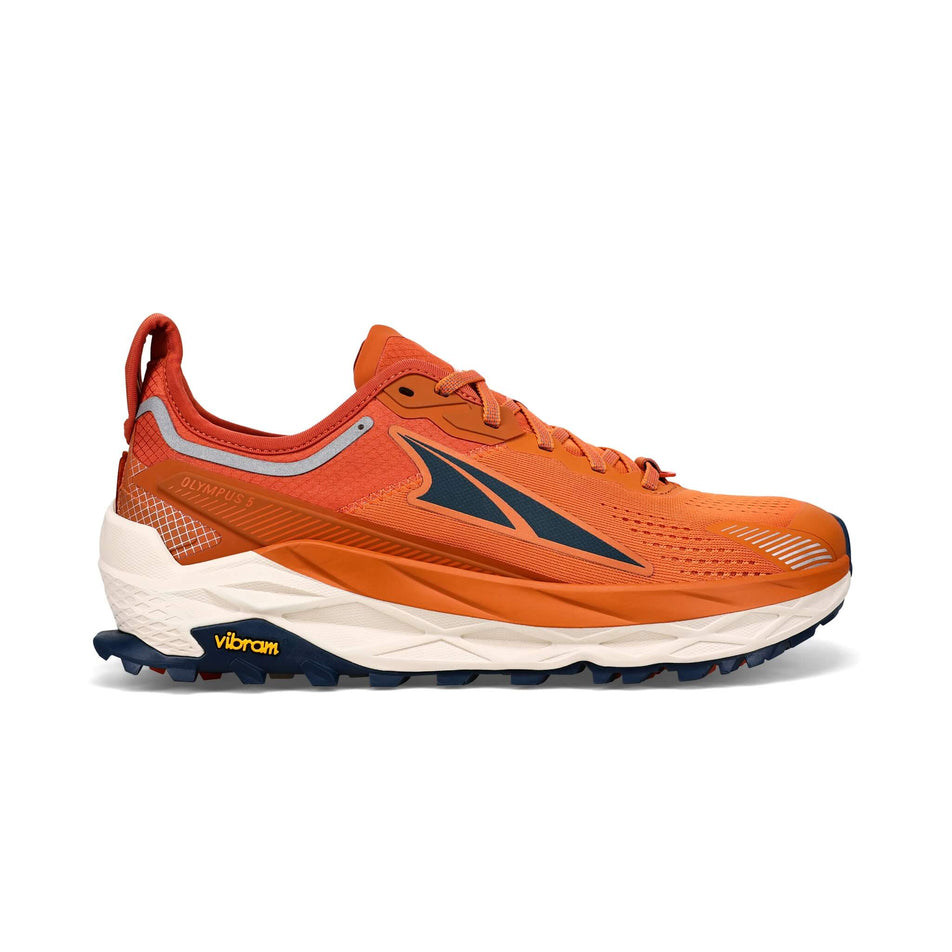 Lateral side of the right shoe from a pair of Altra Men's Olympus 5 Running Shoes in the Burnt Orange colourway (7980551176354)