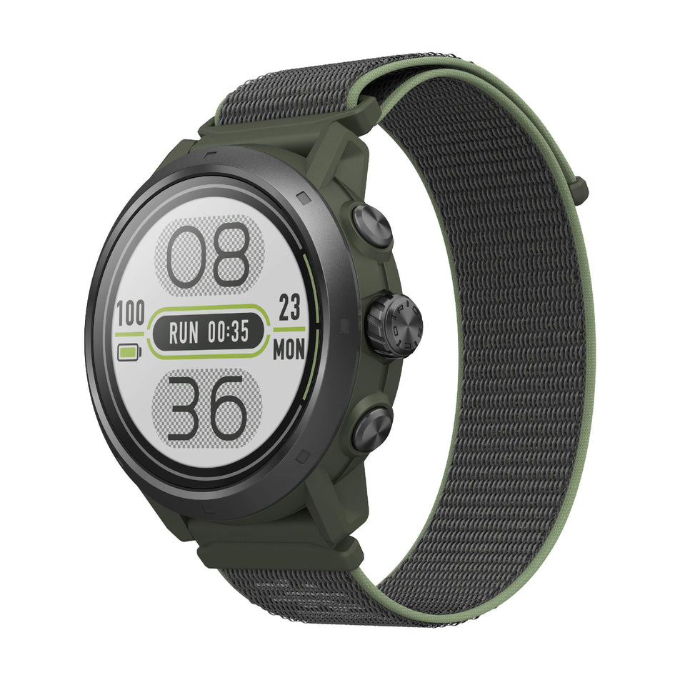 Angled front view of a COROS APEX 2 Pro GPS Outdoor Watch in the green colourway. (7926847668386)