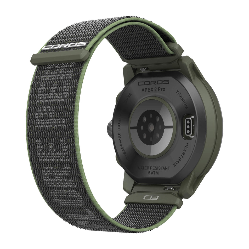 Angled back view of a COROS APEX 2 Pro GPS Outdoor Watch in the green colourway.  (7926847668386)