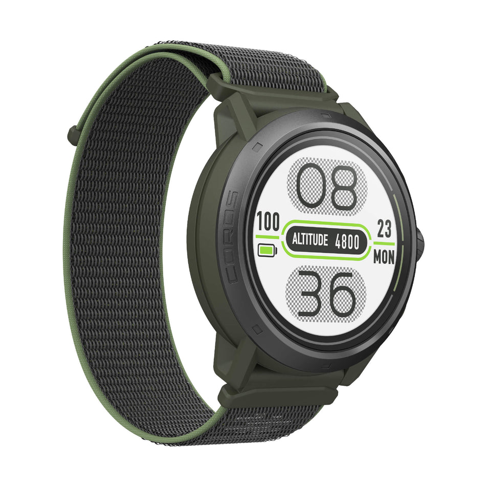 Angled front view of a COROS APEX 2 Pro GPS Outdoor Watch in the green colourway.  (7926847668386)