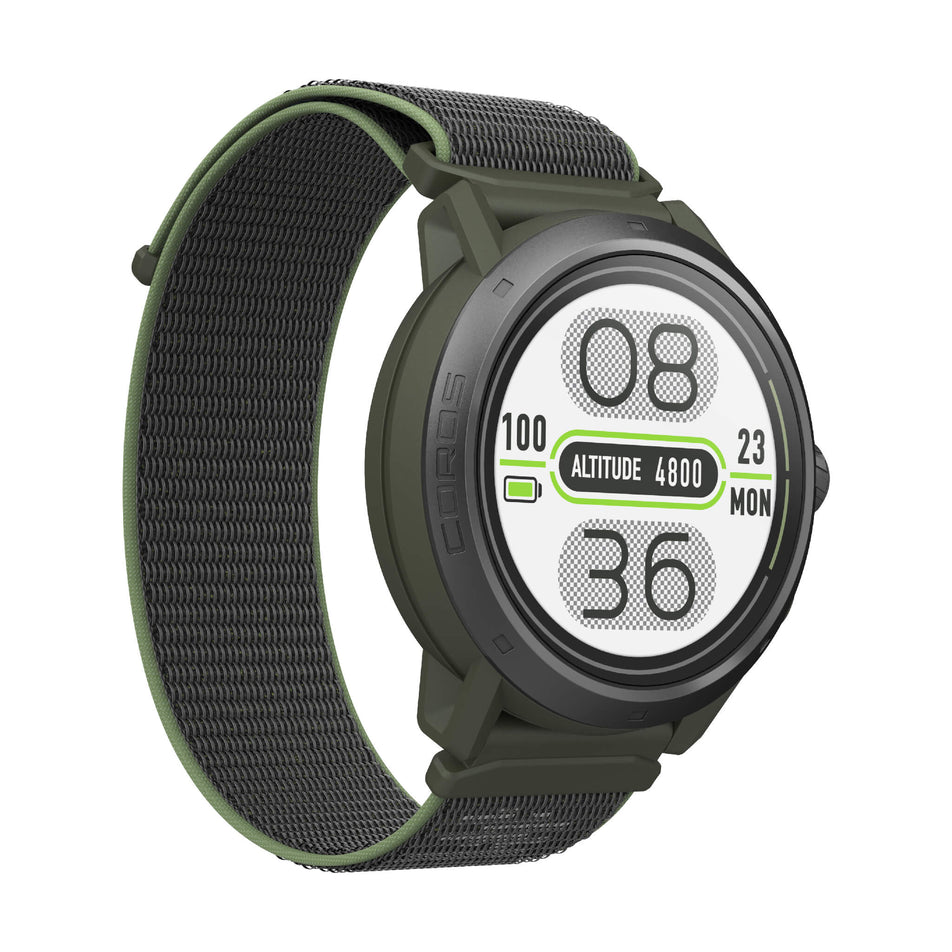 Angled front view of a COROS APEX 2 Pro GPS Outdoor Watch in the green colourway. (7926847668386)