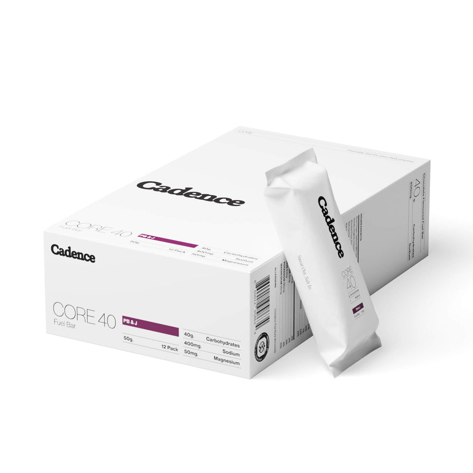 A box of Cadence Core Fuel Bars in the PB&J flavour, and a single bar sitting beside the box. (8731077705890)