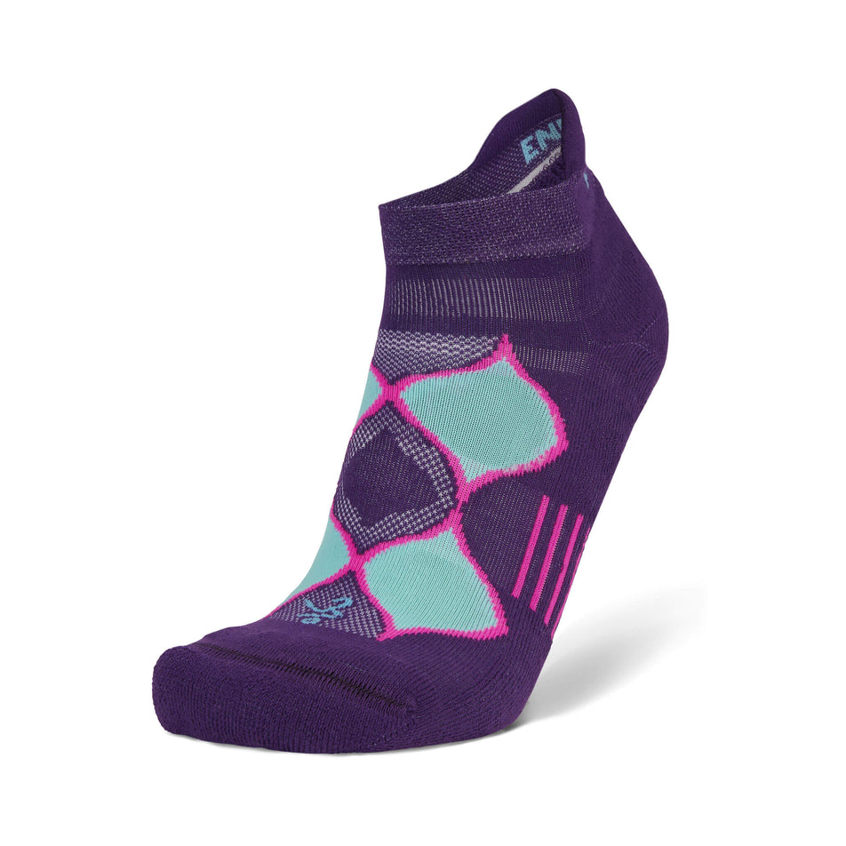 The left sock from a pair of Balega Women's Enduro No Show Running Socks in the Purple/Watermelon colourway (8500077396130)