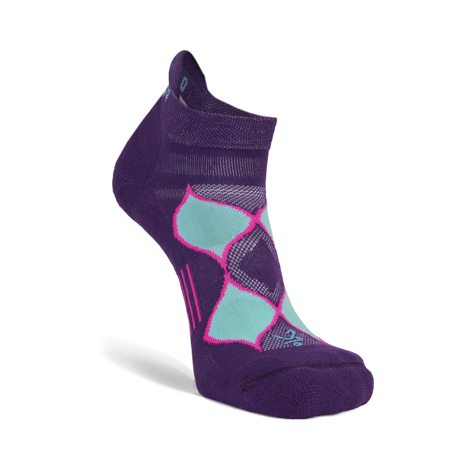 The left sock from a pair of Balega Women's Enduro No Show Running Socks in the Purple/Watermelon colourway (8500077396130)