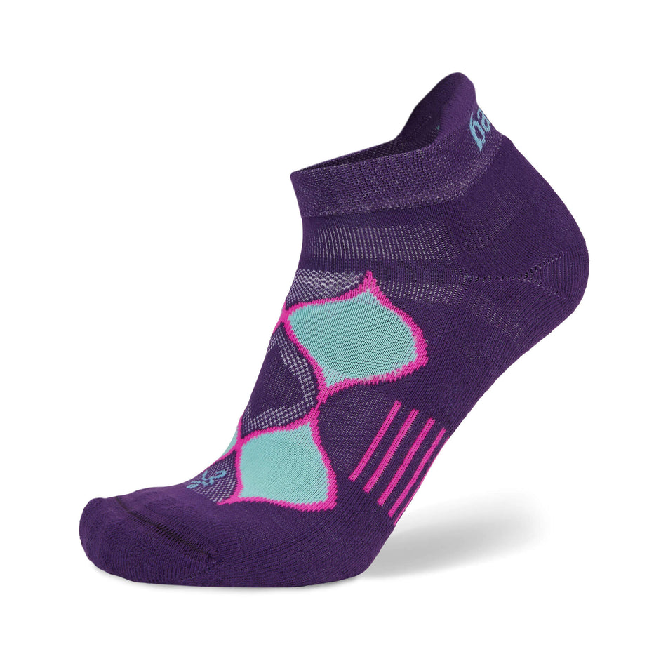 The left sock from a pair of Balega Women's Enduro No Show Running Socks in the Purple/Watermelon colourway (8500077396130)