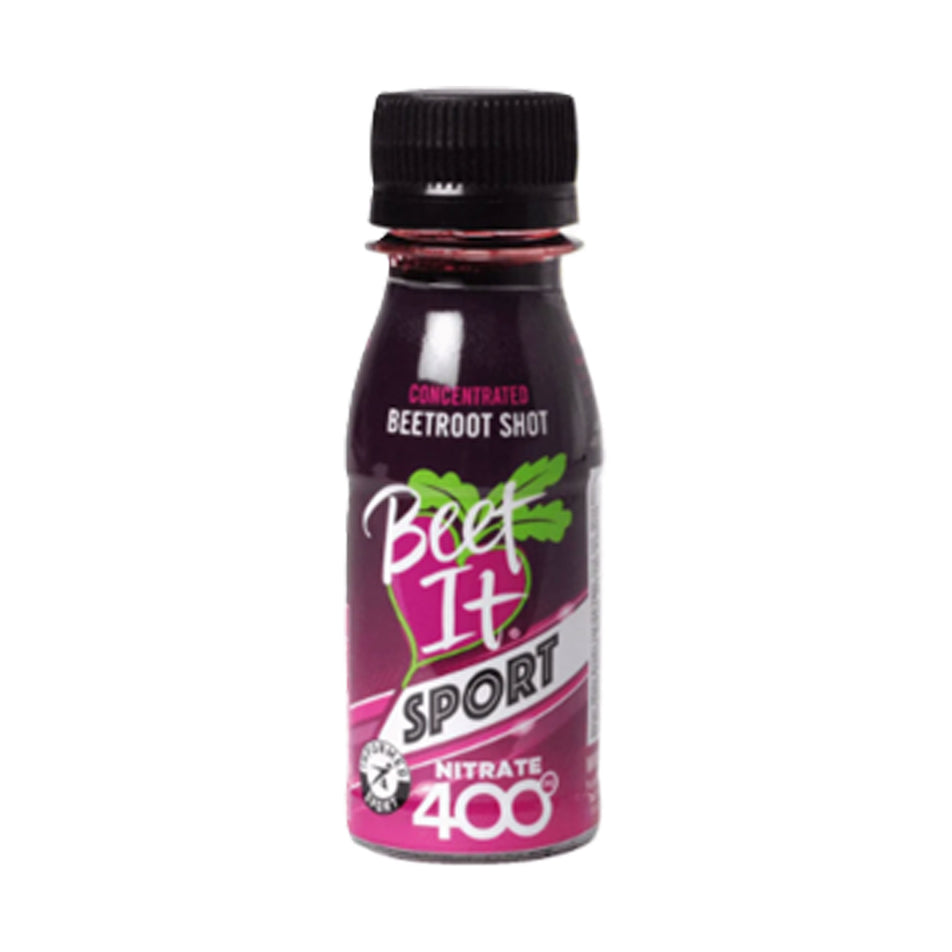 A bottle of Beet It Nitrate 400 Beetroot Shot