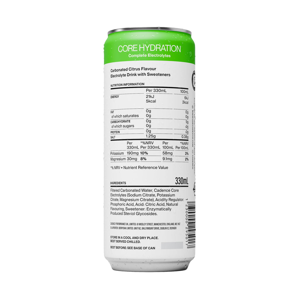 The ingredient list of a can of Cadence Core Hydration Drink in the Citrus flavour.