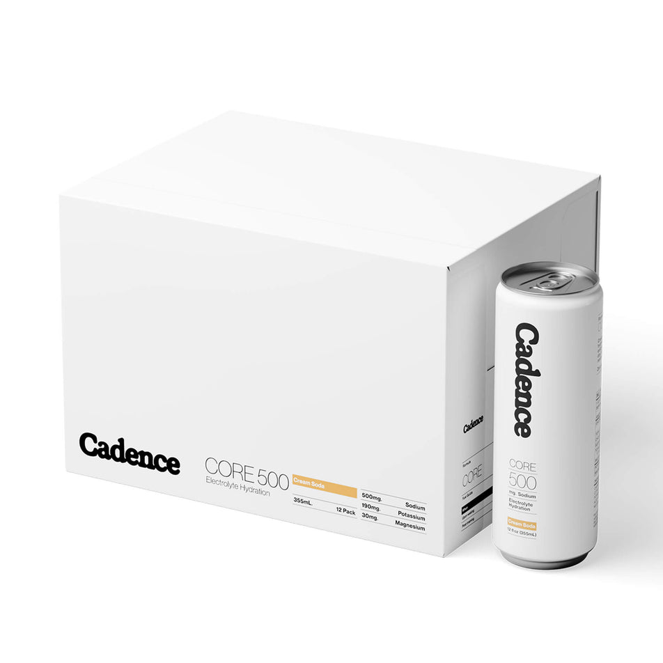A box of Cadence Core Hydration Drink Cans in the Cream Soda flavour, and a single can sitting beside the box. (8730967277730)