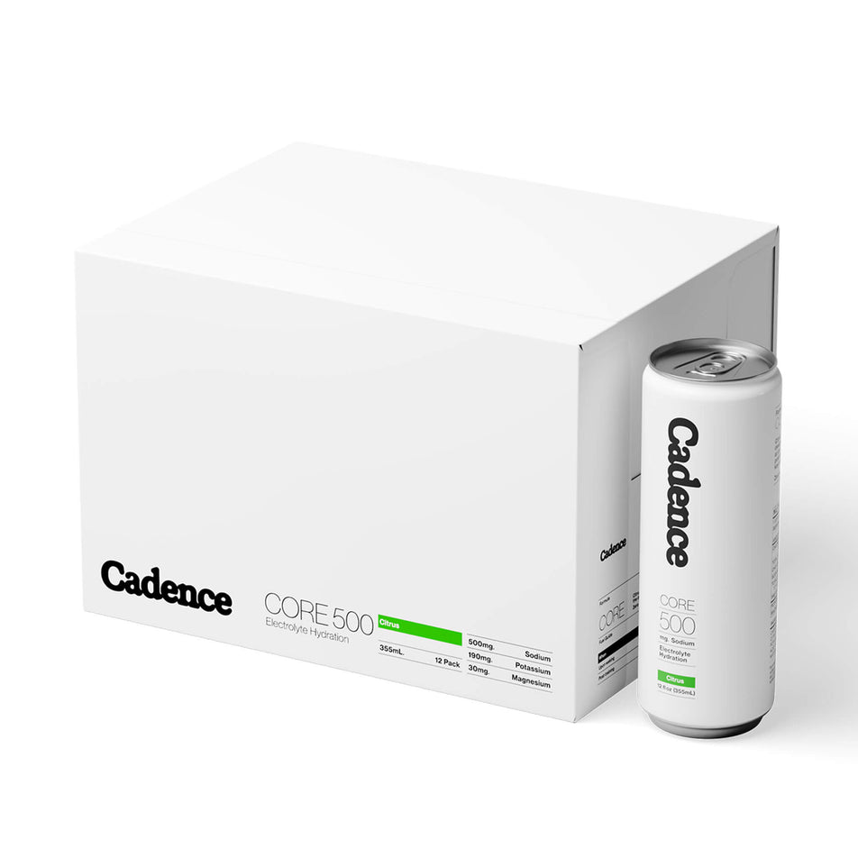 A box of Cadence Core Hydration Drink Cans in the Citrus flavour, and a single can sitting beside the box. (8730930872482)