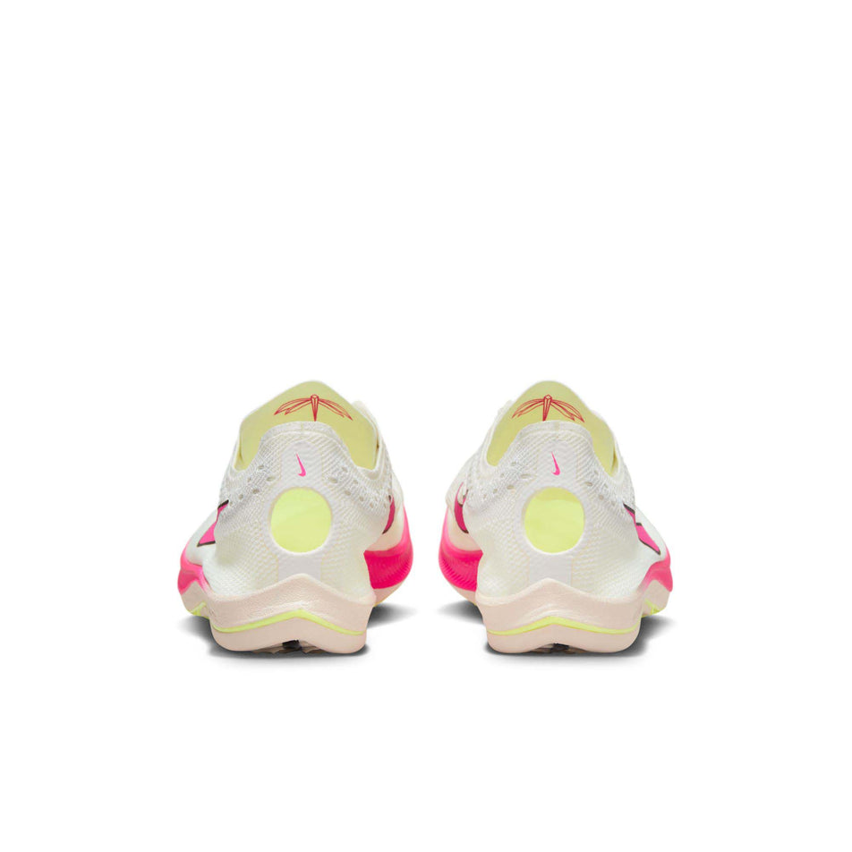 The back of a pair of Nike Unisex ZoomX Dragonfly Track & Field Distance Spikes in the Sail/Fierce Pink-LT Lemon Twist colourway (8139978014882)