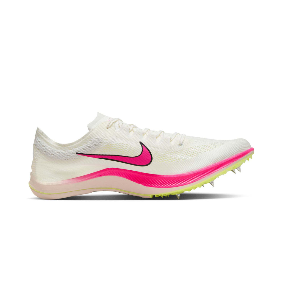 Medial side of the left shoe from a pair of Nike Unisex ZoomX Dragonfly Track & Field Distance Spikes in the Sail/Fierce Pink-LT Lemon Twist colourway (8139978014882)