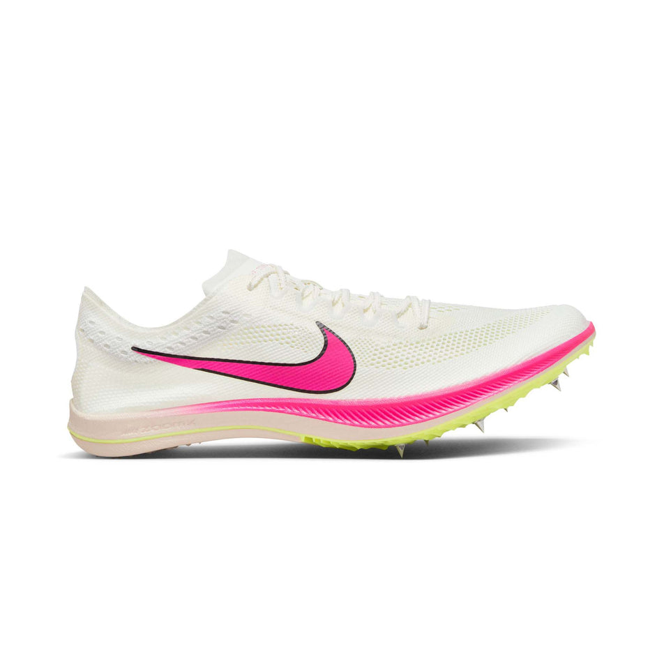 Lateral side of the right shoe from a pair of Nike Unisex ZoomX Dragonfly Track & Field Distance Spikes in the Sail/Fierce Pink-LT Lemon Twist colourway (8139978014882)