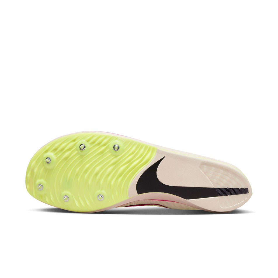 Outsole of the left shoe from a pair of Nike Unisex ZoomX Dragonfly Track & Field Distance Spikes in the Sail/Fierce Pink-LT Lemon Twist colourway (8139978014882)