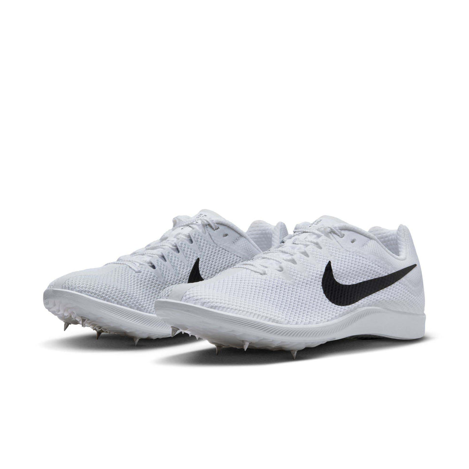 A pair of Nike Unisex Rival Distance Track & Field Distance Spikes in the White/Black-Metallic Silver colourway (8049556324514)