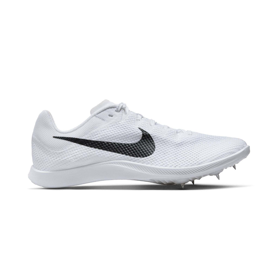 Lateral side of the right shoe from a pair of Nike  Unisex Rival Distance Track & Field Distance Spikes in the White/Black-Metallic Silver colourway  (8049556324514)