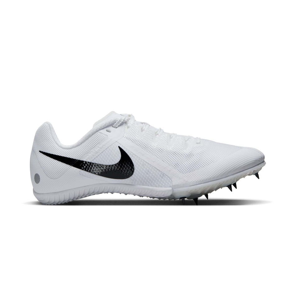 Lateral side of the right shoe from a pair of Nike Rival Multi Track & Field Multi-Event Spikes in the White/Black-Metallic Silver colourway (8049514152098)