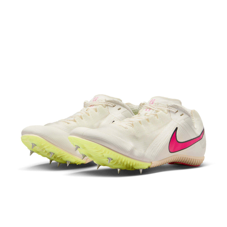 A pair of Nike Unisex Rival Multi Track & Field Multi-Event Spikes in the Sail/Fierce Pink-LT Lemon Twist colourway (8139969757346)