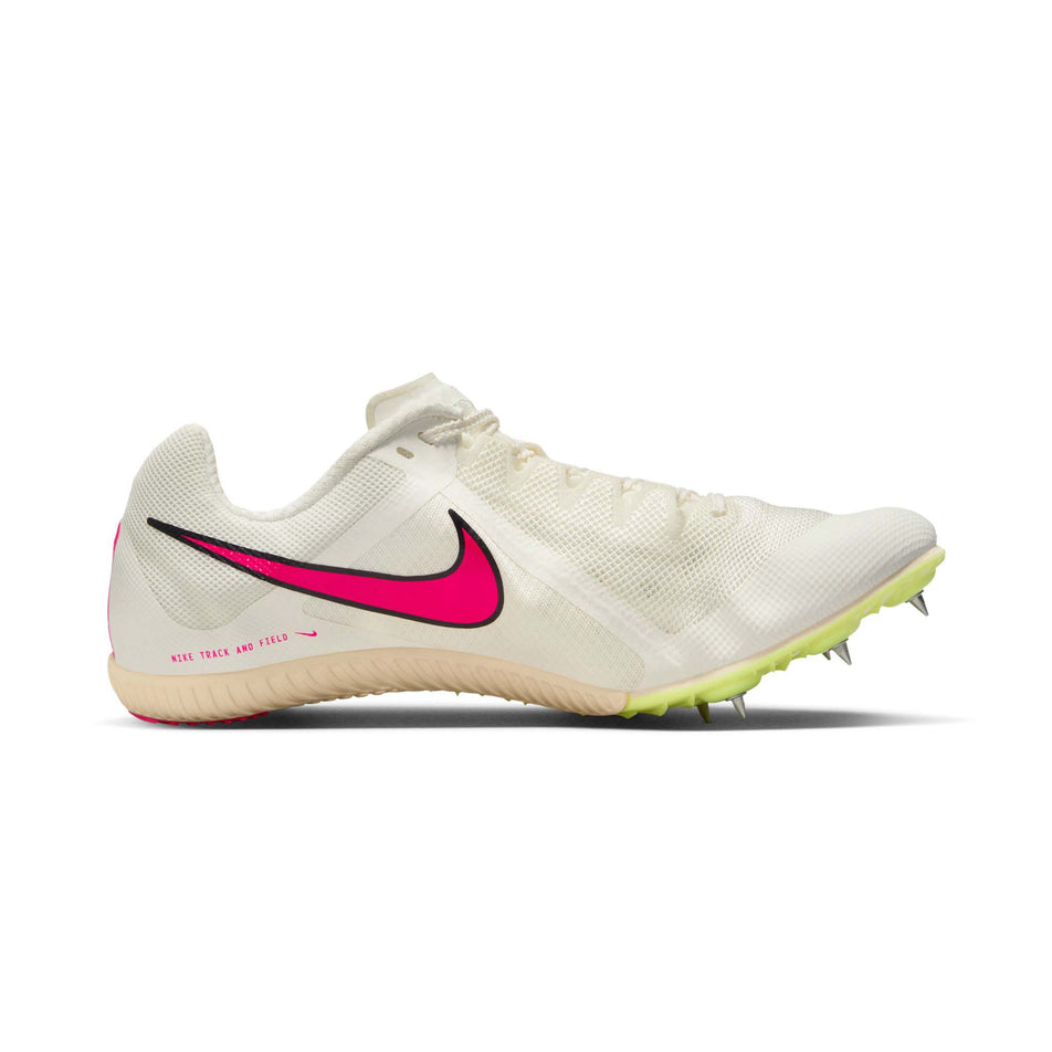 Lateral side of the right shoe from a pair of Nike Unisex Rival Multi Track & Field Multi-Event Spikes in the Sail/Fierce Pink-LT Lemon Twist colourway (8139969757346)