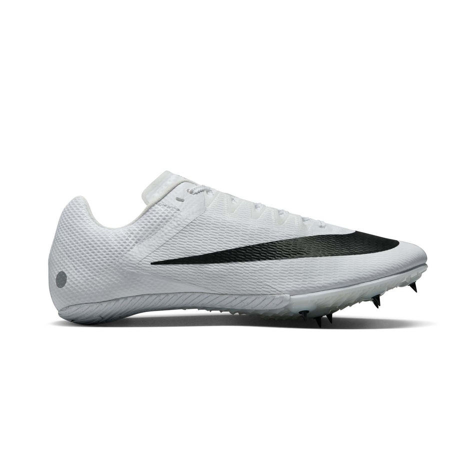 Lateral side of the right shoe from a pair of Nike Unisex Rival Sprint Track & Field Sprinting Spikes in the White/Black-Metallic Silver colourway (8049489543330)