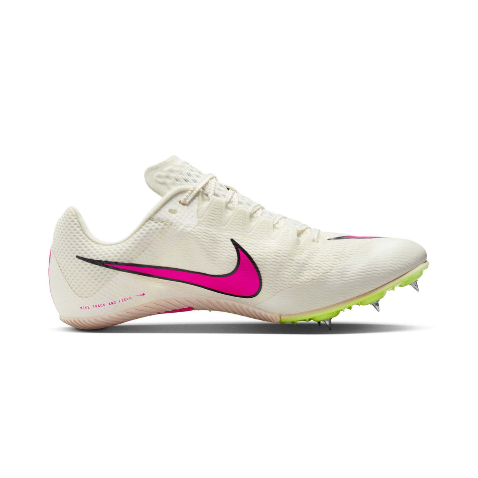 Medial side of the left shoe from a pair of Nike Unisex Rival Sprint Track & Field Sprinting Spikes in the Sail/Fierce Pink-LT Lemon Twist colourway (8139960189090)