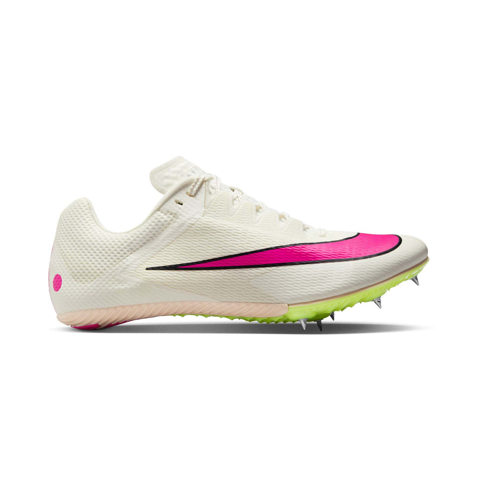 Lateral side of the right shoe from a pair of Nike Unisex Rival Sprint Track & Field Sprinting Spikes in the Sail/Fierce Pink-LT Lemon Twist colourway (8139960189090)