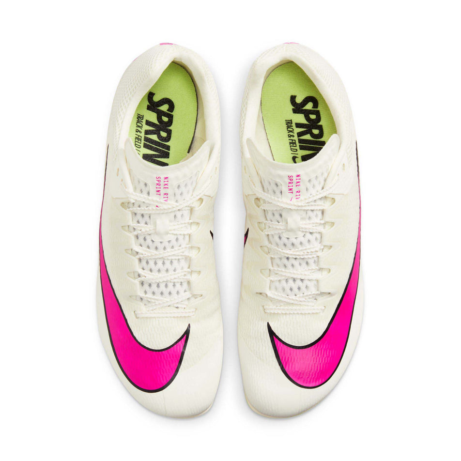 The uppers on a pair of Nike Unisex Rival Sprint Track & Field Sprinting Spikes in the Sail/Fierce Pink-LT Lemon Twist colourway (8139960189090)