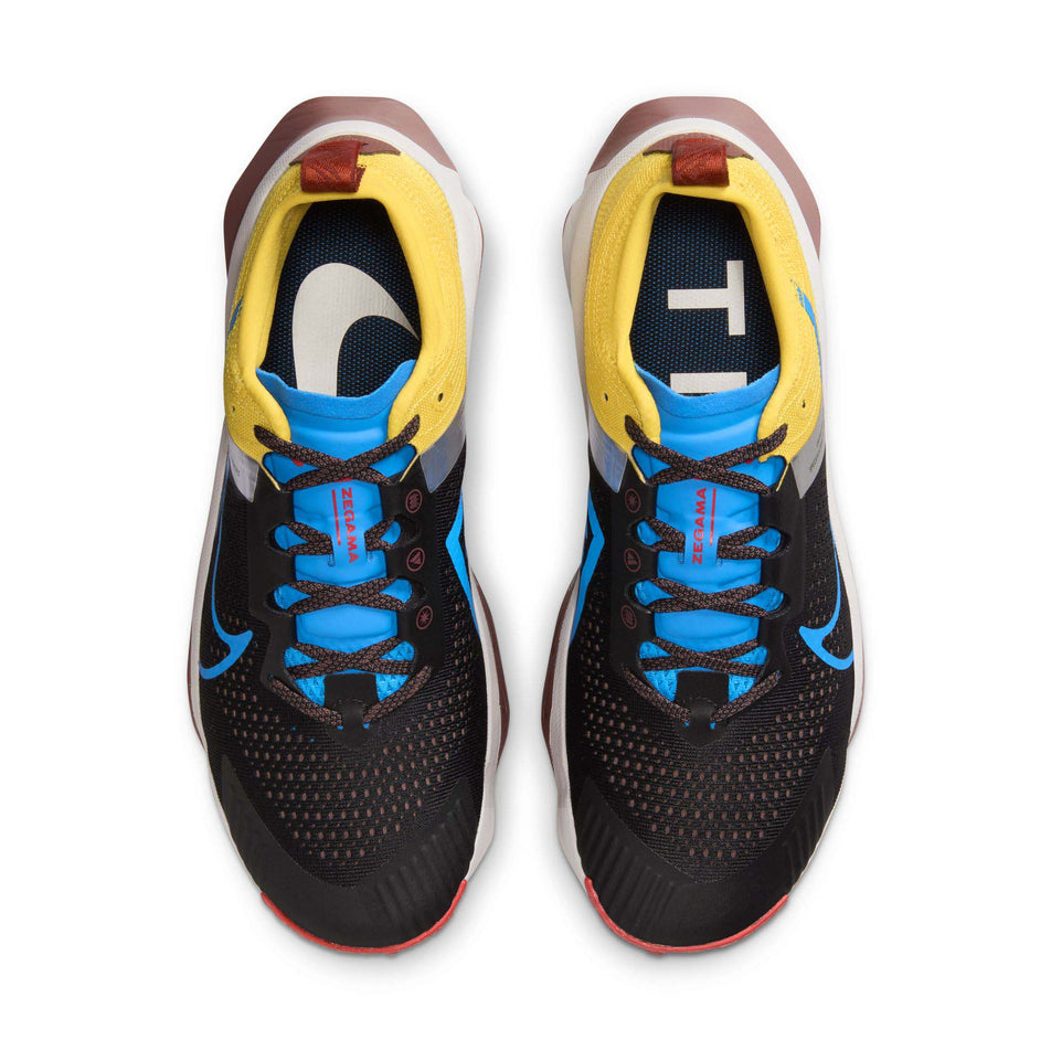 The uppers on a pair of Nike Men's Zegama Trail Running Shoes in the Black/LT Photo Blue-Vivid Sulfur colourway (7970895724706)
