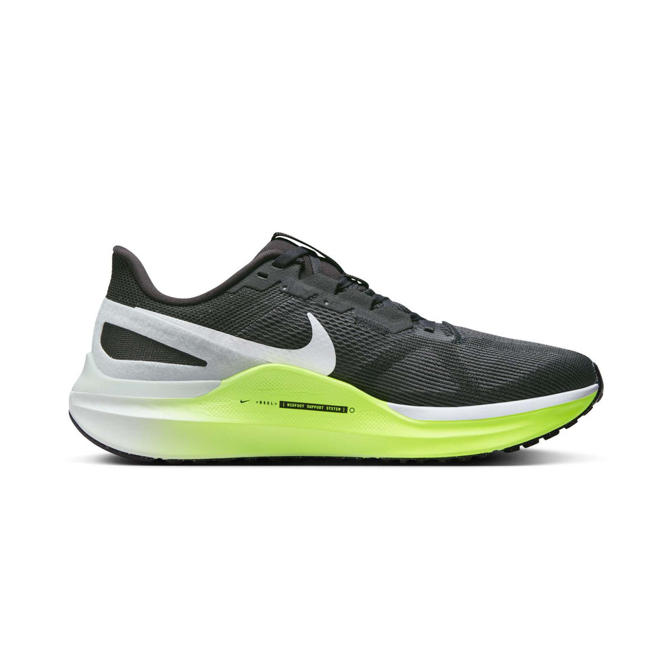Lateral side of the right shoe from a pair of Nike Men's Structure 25 Road Running Shoes in the Anthracite/White-Volt-Pure Platinum colourway (8070568181922)