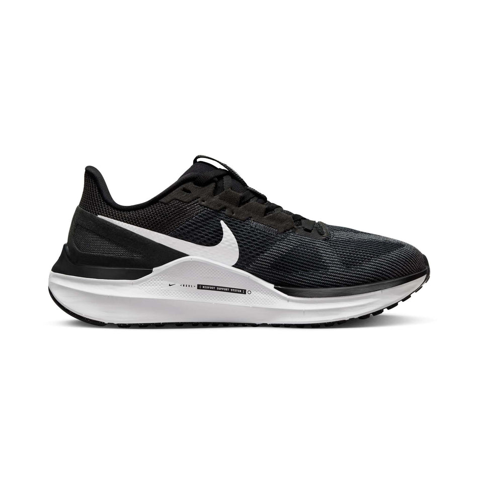 Medial side of the left shoe from a pair of Nike Women's Structure 25 Road Running Shoes in the Black/White-DK Smoke Grey colourway (8025972375714)