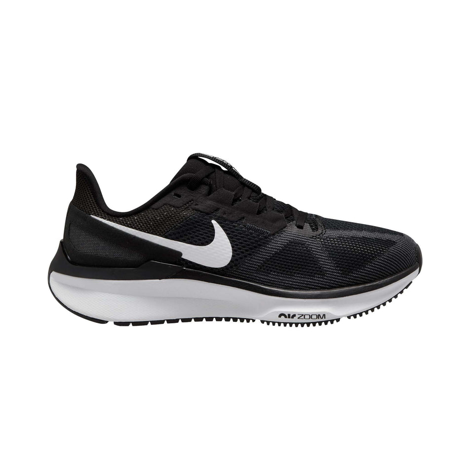 Lateral side of the right shoe from a pair of Nike Women's Structure 25 Road Running Shoes in the Black/White-DK Smoke Grey colourway (8025972375714)