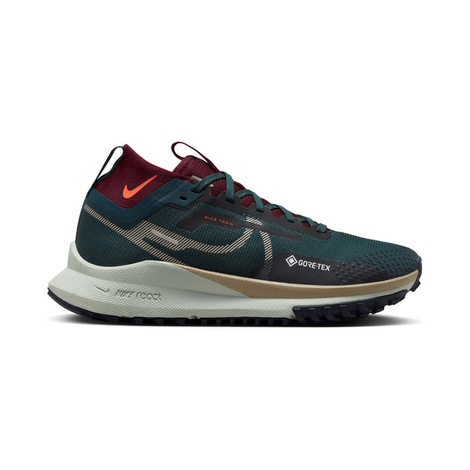 Lateral side of the right shoe from a pair of Women's Pegasus Trail 4 GORE-TEX Waterproof Trail Running Shoes. Deep Jungle/Khaki-Night Maroon colourway. (8073082536098)