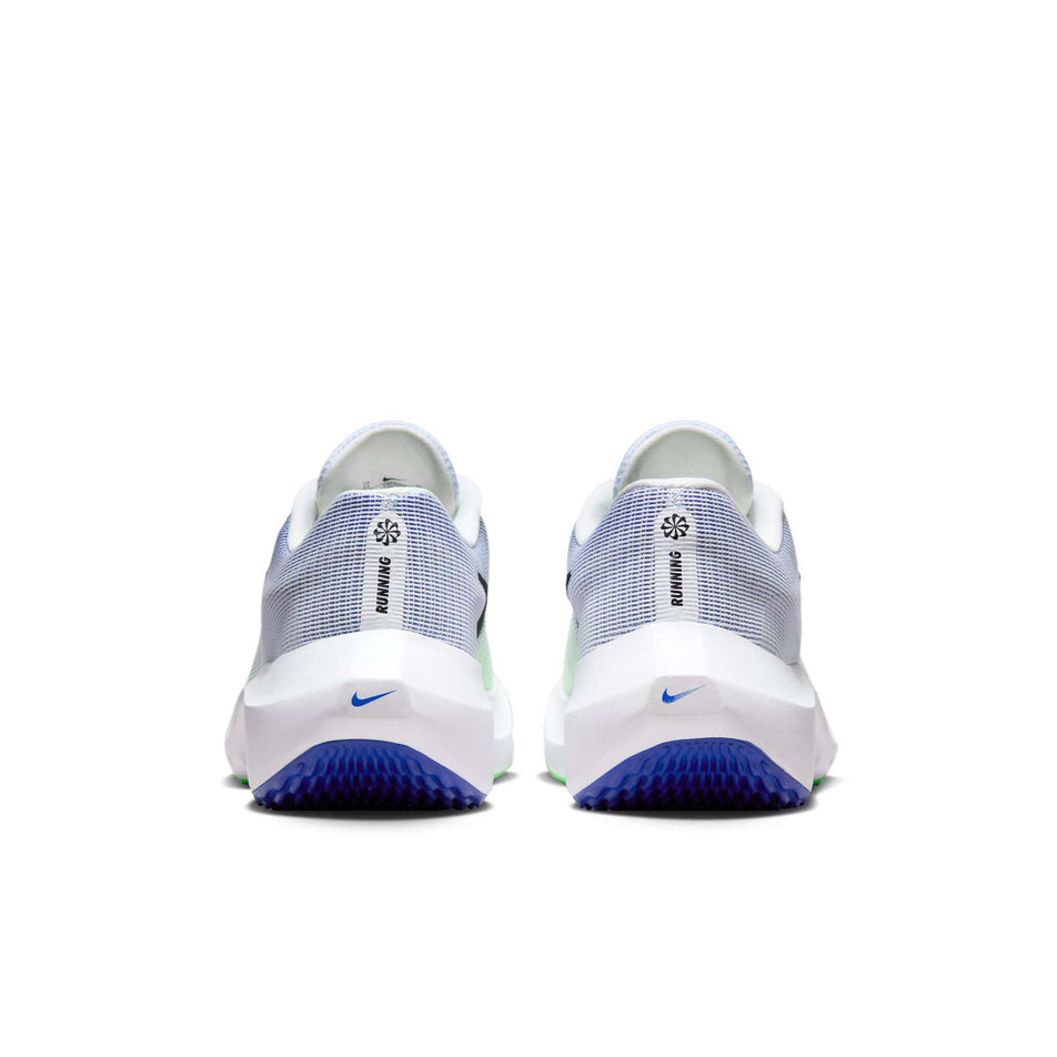 The back of a pair of Nike Men's Zoom Fly 5 Road Running Shoes in the White/Black-Green Strike-Racer Blue colourway (8213339406498)