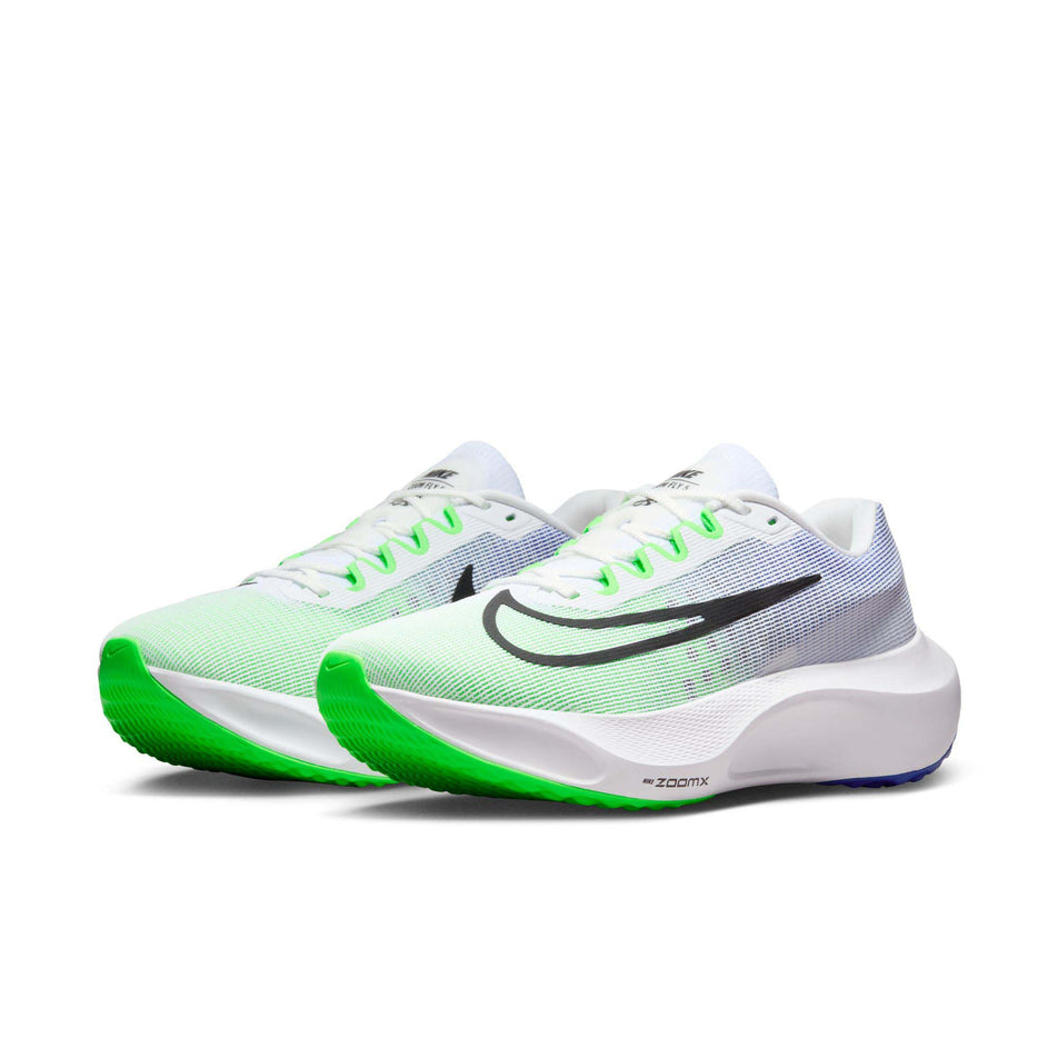 A pair of Nike Men's Zoom Fly 5 Road Running Shoes in the White/Black-Green Strike-Racer Blue colourway (8213339406498)
