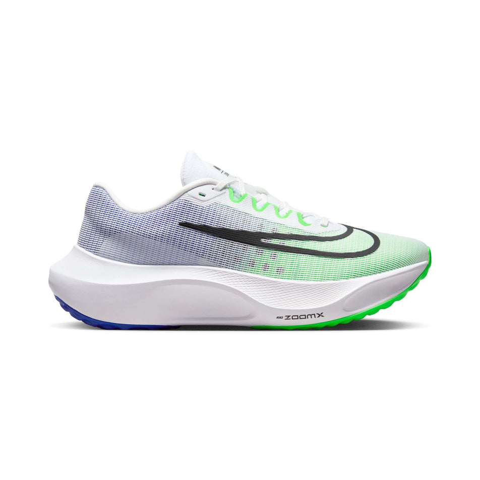 Lateral side of the right side from a pair of Nike Men's Zoom Fly 5 Road Running Shoes in the White/Black-Green Strike-Racer Blue colourway (8213339406498)