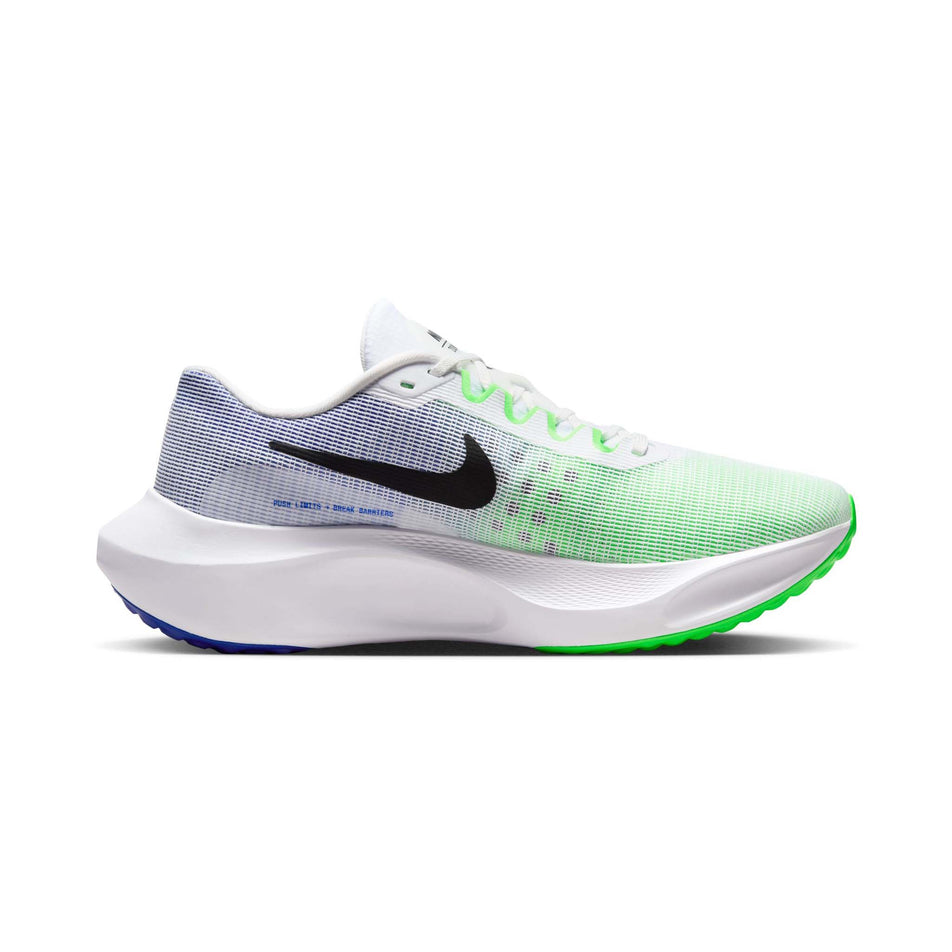 Medial side of the left side from a pair of Nike Men's Zoom Fly 5 Road Running Shoes in the White/Black-Green Strike-Racer Blue colourway (8213339406498)
