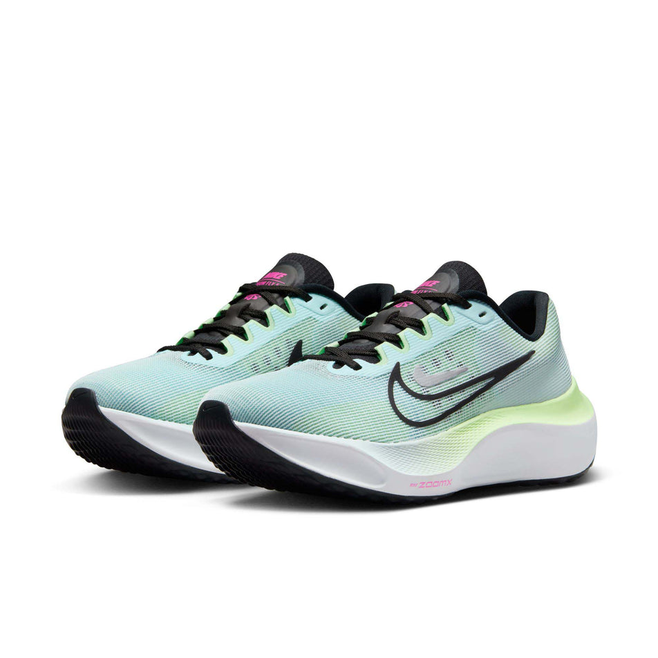 A pair of Nike Women's Zoom Fly 5 Road Running Shoes in the Glacier Blue/Black-Vapor Green colourway (8215802085538)