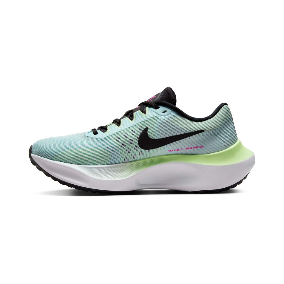 Medial side of the right shoe from a pair of Nike Women's Zoom Fly 5 Road Running Shoes in the Glacier Blue/Black-Vapor Green colourway (8215802085538)