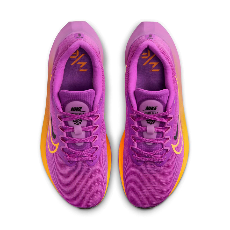 The uppers on a pair of Nike Women's Zoom Fly 5 Road Running Shoes in the Hyper Violet/Laser Orange-Black colourway (8139935678626)
