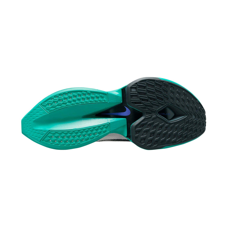 Outsole of the right shoe from a pair of Nike Men's Alphafly 2 Road Racing Shoes in the White/Deep Jungle-Clear Jade colourway (7995905867938)